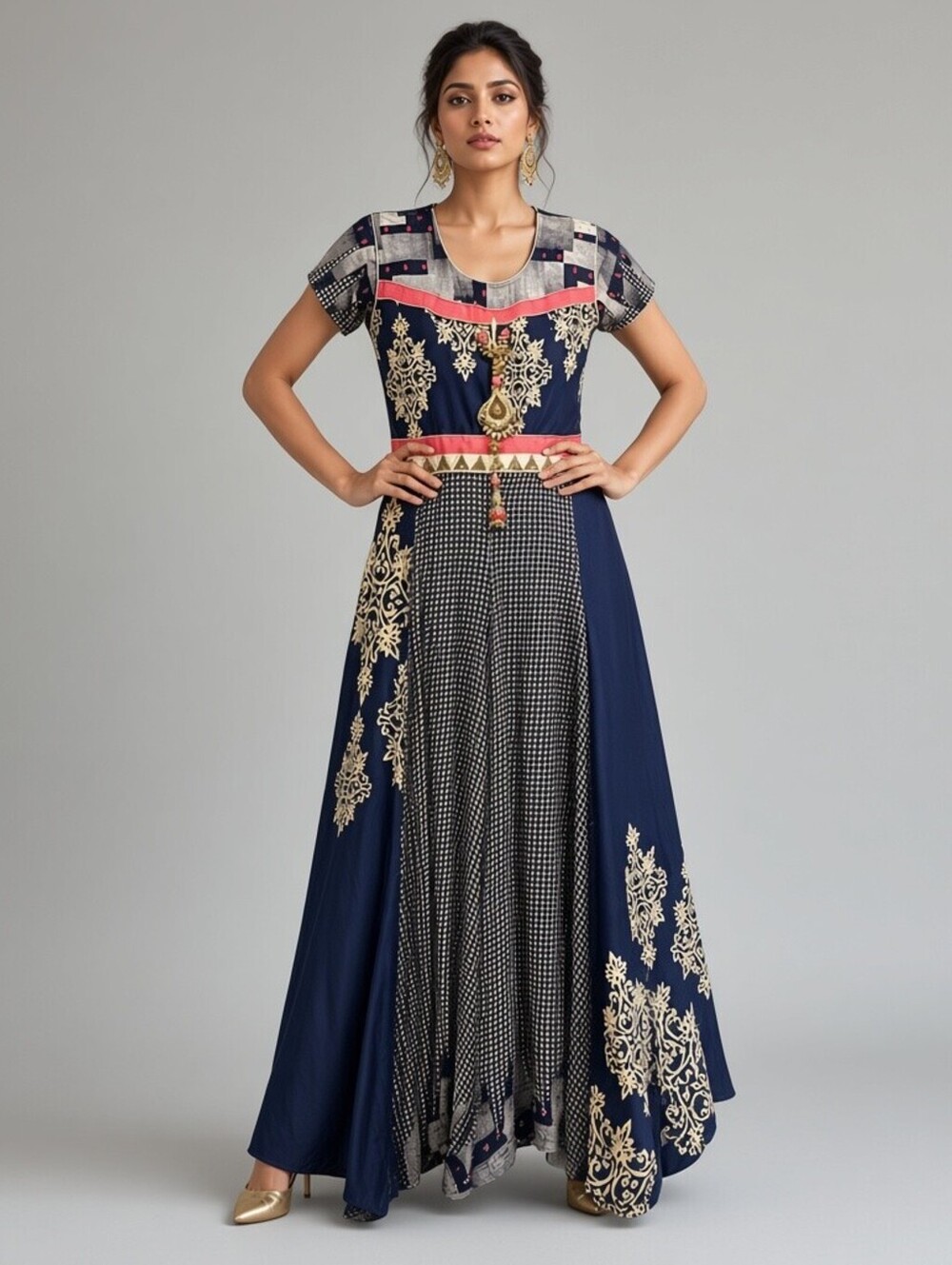 Anarkali Maxi Dress L Gold Embroidered Indian Wedding Ethnic Festive Statement
